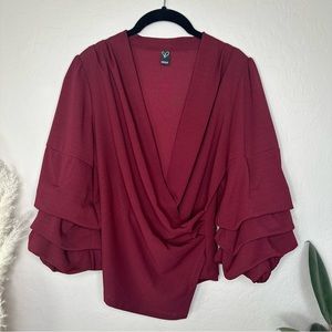 Burgundy 3/4 Ruched Balloon Sleeve, V Neck Blouse Shirt, size medium